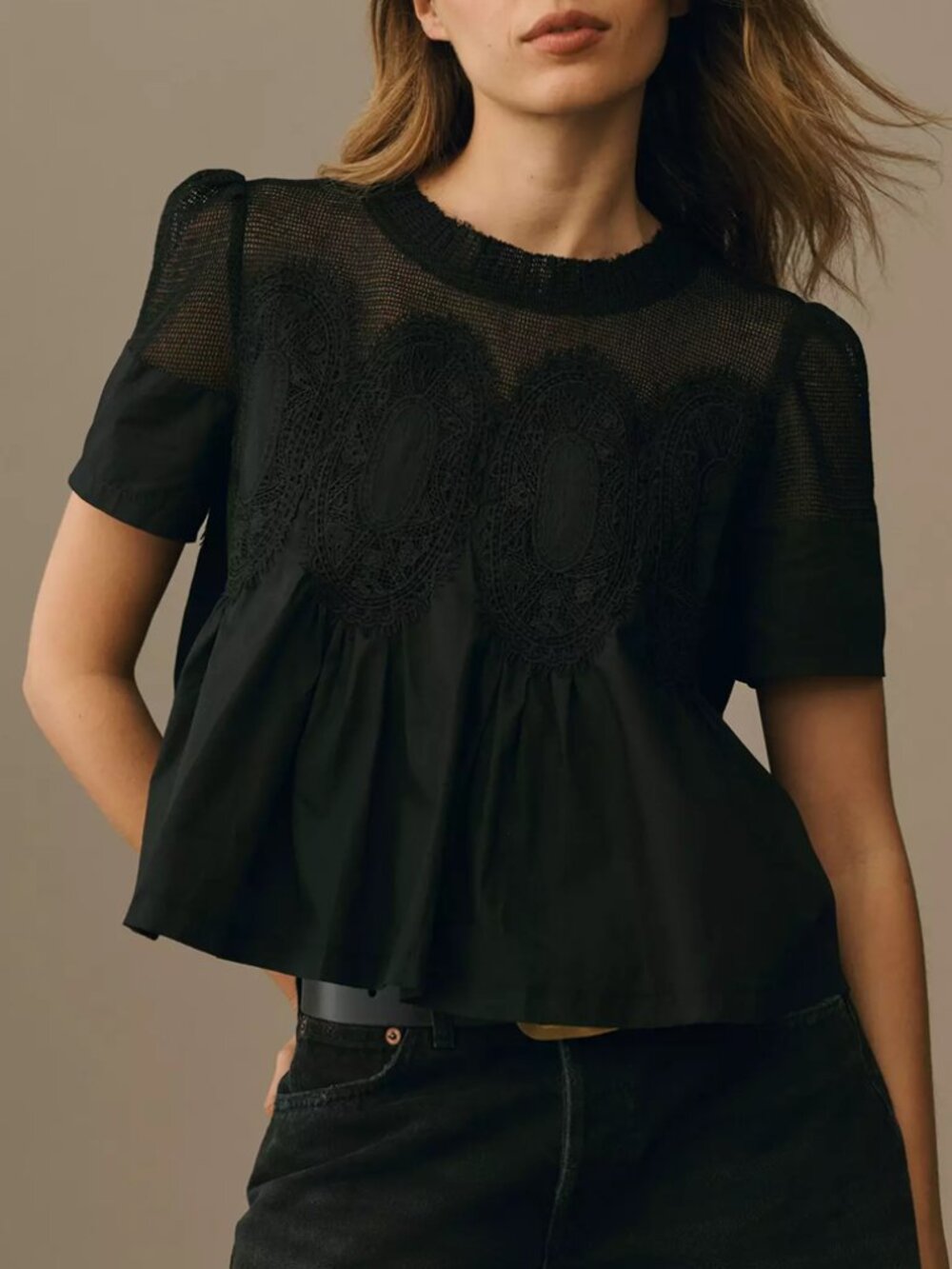 NWOT Anthropologie En Elly The Iris Short-Sleeve Lace Poplin Blouse Black Large